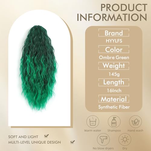 Image of Claw Clip Ponytail Extension 16In Long Wavy Curly Hair, Ombre Green