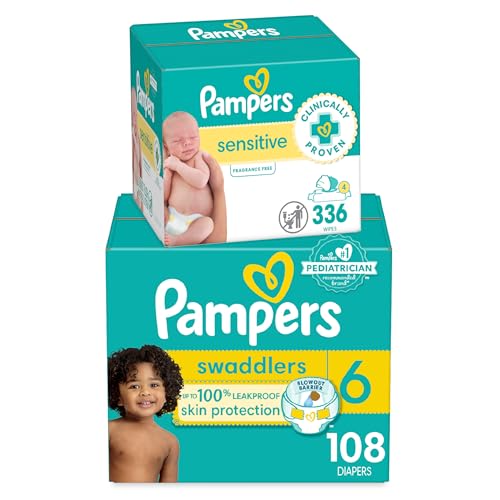 Image of Pampers Swaddlers Disposable Baby Diapers Size 6, 108 Count with Sensitive Water Based Baby Wipes 4X Pop-Top Packs (336 Count)