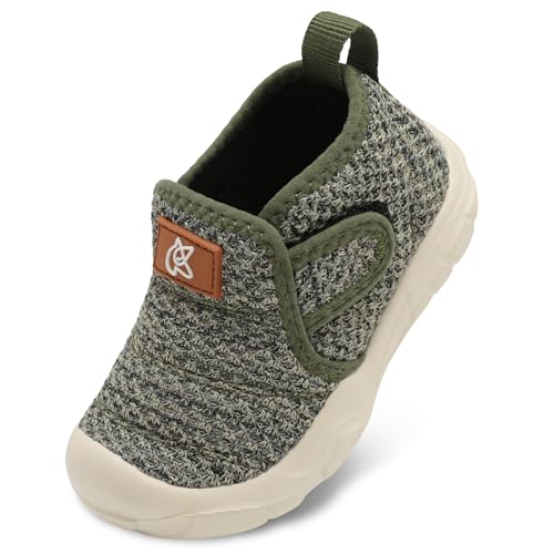 QFH Boys Snkeakers Girls Sneakers The Adorable First Walker Sneakers Lightweight Hook and Loop Toddler Barefoot Shoes Blended Army Green Size 6