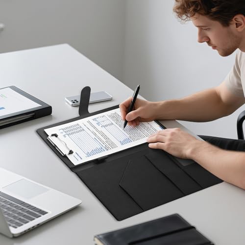 Klemmbrett A4 mit Deckel, KlemmbrettMappe A4, Schreibmappe Klemmbrettmappe in Schwarz mit Schreibblock Dokumentenfächern Stifthalter und Magnetverschluss für Bürobedarf Schule