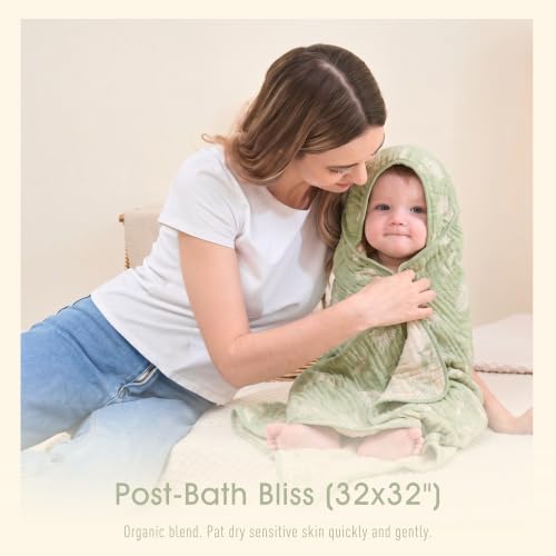 Image of Ultra-Soft Muslin Baby Hooded Towel - 32 x 32 Inches, Ideal for Bath & Beach, Suitable for Both Boys & Girls from Newborns to Toddlers (Sage Green Floral)