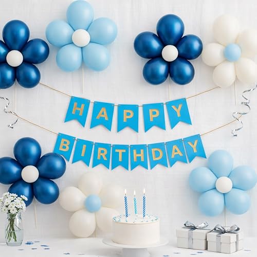 Image of The FOMO Factory 8 Pcs Flower Balloon Clips + 50 Pcs Metallic Chrome Balloons - Blue Birthday Decoration Items with Blue HBD Banner | Party Accessory Kit for Kids Birthday Cute (BlueFC)