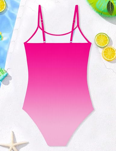 Image of AGAPENG Girls Swimsuit One Piece Ruched Solid Color Bathing Suit for Girls Ribbed Adjustable Straps Pad Swimwear 9-16Y