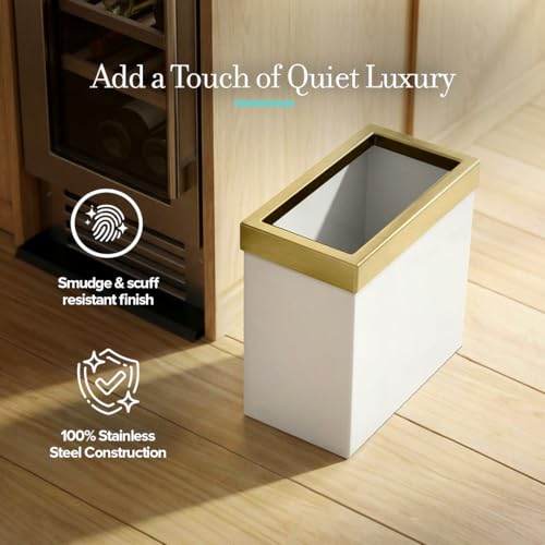 Image of Gatco Modern Rectangle Wastebasket, Matte Pearl and Brushed Brass Combo - Stainless Steel Trash Can with Removable Lid, Leakproof, 3 Gallon Capacity for Bathroom, Bedroom, Kitchen, or Office