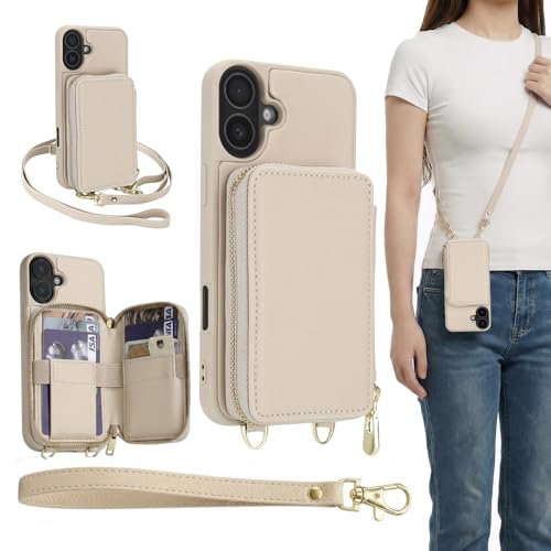 GOODVISH Handykette für iPhone 17 Hülle mit Band Handytasche mit Kartenfach und Portemonnaie Handyhülle mit Reißverschluss und Geldbörse mit RFID Blocker für iPhone 17 6.3 - Beige