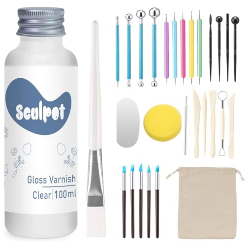 Kit de 29 Herramientas Arcilla Secado al Aire con Barniz Arcilla, Barniz Ceramica de Alto Brillo, Resistente a Rayones e Impermeable, Kit de Herramientas Ceramica para Esculpir, Modelar (brillante)