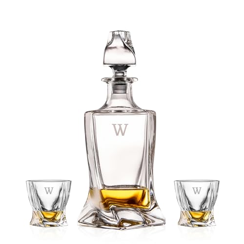 Fioance Swirl Crystal Whiskey Decanter Set 25oz with 2 Rock Glasses