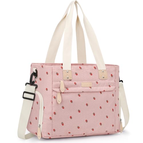 Image of Pritent Diaper Bag Tote for Working Mom, Large Travel Diaper Tote for Mom and Dad with 14 Inch Laptop Sleeve, Mommy Maternity Travel Baby Bag for Boys and Girls, Pink strawberry