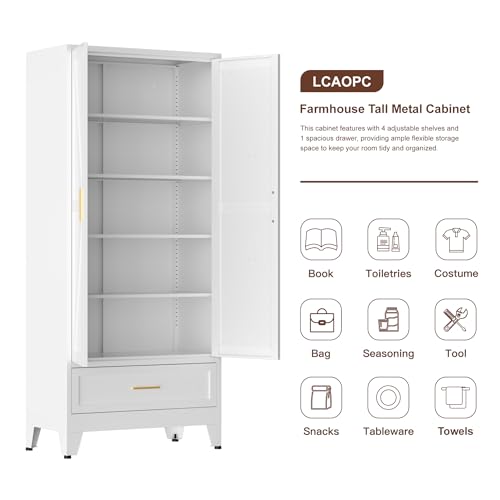 Image of LCAOPC 71 inch Tall Metal Pantry Storage Cabinet with Drawer and Adjustable Shelves, Freestanding Kitchen Cupboard Storage Cabinet for Kitchen,Dining Room, Living Room, White