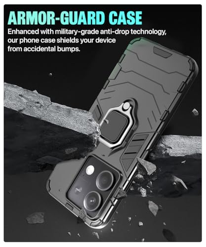 Image of WOW IMAGINE Shock Proof Back Case Mobile Cover for Xiaomi Mi Redmi Note 13 5G | Back Cover Case (Tough Armor | Hybrid PC + TPU | Ring Holder & in-Built Kickstand | Black)