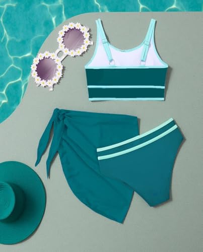Image of Teen Girls Swimsuit High Waist Sporty Bikini Bathing Suits with Cover Up Skirt and Sunglasses 4 Piece Set 8-15 Years
