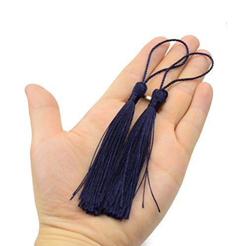 Image of 100pcs 13cm /5 Inch Silky Floss Bookmark Tassels with 2-Inch Cord Loop and Small Chinese Knot for Jewelry Making, Souvenir, Bookmarks, DIY Craft Accessory (Dark Blue)