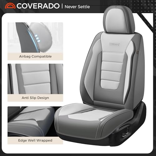 Image of Coverado Car Seat Covers Full Set, Nappa Leather Seat Covers for Cars, Car Seat Protector Car Seat Cushion, Front and Back Seat Protectors Cushions Universal Fit for Most Cars (Gray&Light Gray)