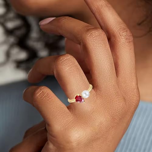 10K 14K 18K Gold Pearl and Gemstone Toi Et Moi Rings for Women Freshwater Cultured Pearl and Pear Birthstone Ring Unique Engagement Anniversary Ring Jewelry Gifts for Her4