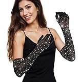 LLOUSSAK Rhinestone Sheer Gloves Black Long Lace Opera Gloves Women Formal Wedding Glove Elbow Length Tulle Glove for Women Bridal Rave Evening Wedding Party