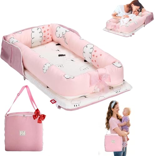 Image of Vervebaby Baby Lounger for Newborn-Portable Baby Lounger 0-24 Months for Home and Travel,Newborn Loungers with Strap, Baby Nest Lounger Adjustable Size,Raindrop Clouds