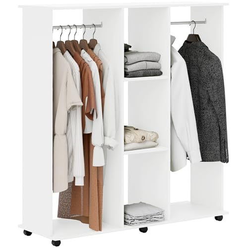 HOMCOM Double Open Wardrobe on Wheels, Bedroom Wardrobe with Clothes Hanging Rails, 3 Storage Shelves, Mobile Garment Rack for Cloakroom, Hallway, White