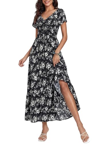 Image of Summer Smocked Boho Maxi Dress for Women 2026 Short Sleeve Floral Smocked Flowy Ruffled Beach Vacation Dresses Lightweight