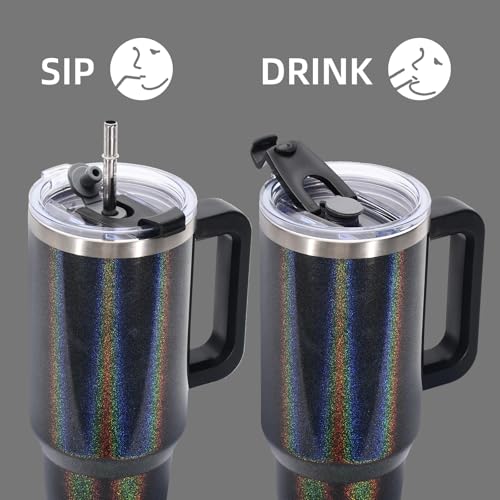 Image of 40 oz Shiny Tumbler with Handle and Straw,Stainless Steel Tumbler with Lid and Straw,Insulated Travel Mug(Cold for 34 Hours),Water Bottle for Iced Tea,Coffee (Black)
