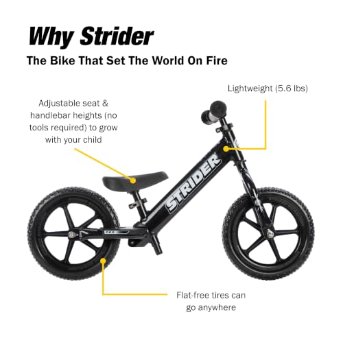 Image of Strider 12 Pro, Aluminum Balance Bike for Kids Aged 1-5 Years, Black Pearl | No-Pedal Pro Balance Bike, Ultralight Aluminum Frame, Adjustable Seat, Never-Flat Foam Rubber Tires, Easy Assembly