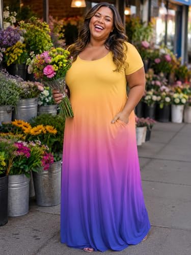Image of PinkPatty Women's Plus Size Maxi Dresses Short Sleeve Sundress Summer T-Shirt Beach Long Dress with Pockets