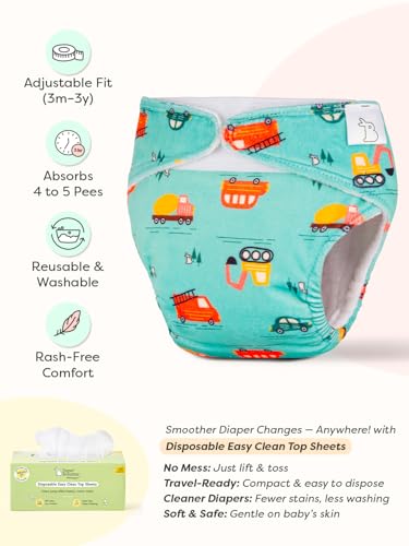 Image of SuperBottoms Little Wheels Freesize UNO Supersoft Cloth Diaper with Velcro + Jungle Beats UNO Cloth Diaper Pants + 1 DryFeel Magic Pad - Reusable Freesize Combo