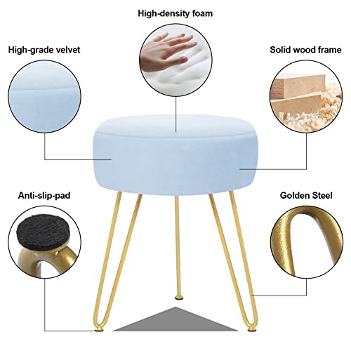 Gerant Multifunctional Vanity Stool - Velvet Footrest Stool-Upholstered Chair Stool -Ottoman Round Modern Dressing Chair - Side Coffee Table Seat With Golden Metal Leg For Living Room (Light Blue) #TOP4