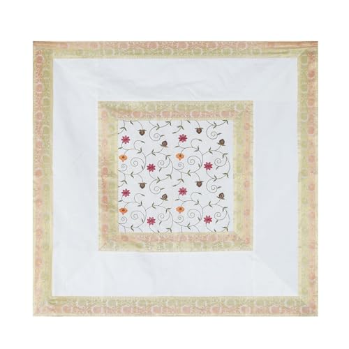 Image of New Year Room Decor Embroidery Brocade Silk Table Cover for Centre & Dinning Table and 4 & 6 Seater Dining Table /Tablecloth, (50 By 50 Inches) (White)