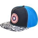 Marvel Captain America Baseball Hat, Shield Logo Adjustable Flat Brim Snapback Hat, Black, One Size