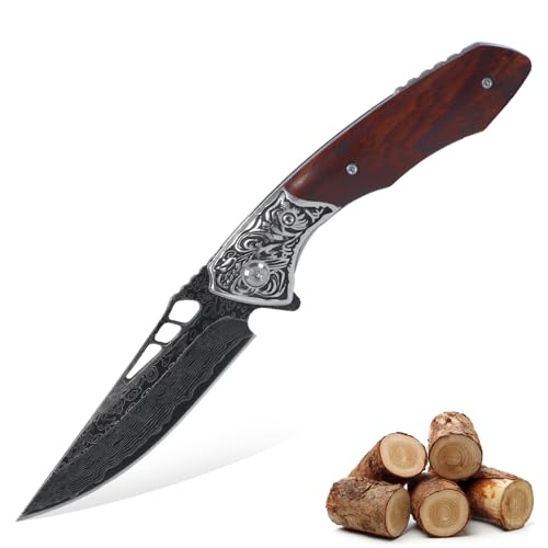 Couteau de Poche Pliant Laguiole en Acier Damas - Lame VG10, Manche en Bois de Rose (Palissandre), EDC Randonnée Camping