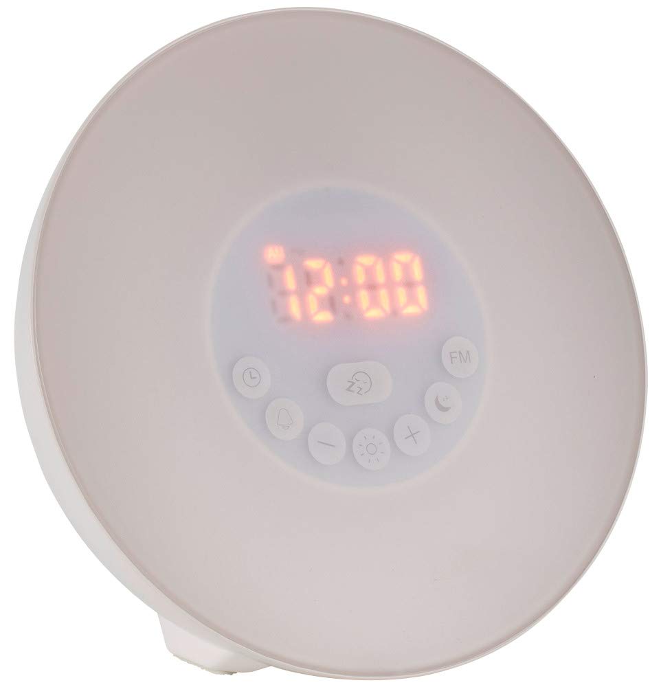 TFA Dostmann 60.2019.02 - Sveglia luminosa con alba, radio FM, 6 suoni, funzione snooze, bianco, plastica, 170 mm