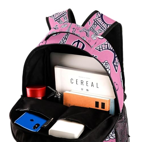 Mochila para adolescentes con espalda acolchada y Torre Eiffel rosa 4
