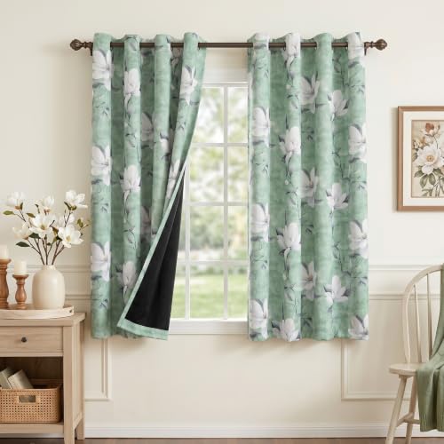 Image of MYSKY HOME Floral 95% Blackout Curtains 72 Inch Long 2 Panels Set for Kitchen White Flower Printed Thermal Insulated Light Blocking Black Out Grommet Window Treatments, 52 inch W Each Panel, Sage Green