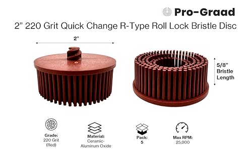 Image of 2 inch 220 Grit Red R-Type Bristle Disc 5 Pack, Ceramic-Aluminum Oxide, Fine Cleaning, Blending, Light Deburring & Pre-Polishing Metal /Wood /Plastic, Quick Change Roll Lock