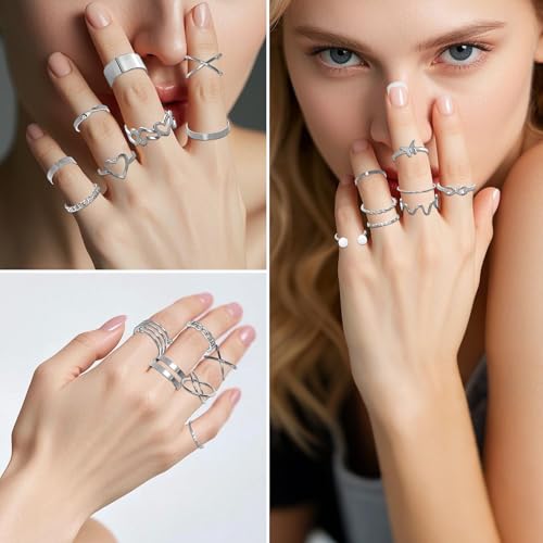 34 Pcs Silver Jewelry Set for Women Layered Bracelets Ball Dangle Hoop Earrings Stackable Knuckle Rings Set Dainty Adjustable Necklaces Valentine Anniversary Trendy Party Costume Accessories Jewelry 6