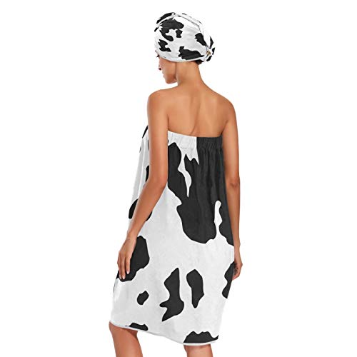 Blueangle Black White Cow Towel Wrap With Dry Hair Cap & Headband For Women – Women’s Shower & Bath Wrap With Adjustable Closure #TOP1