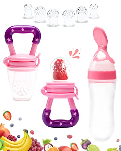 Image of Baby Fruit Feeder Pacifier - 3 Pack | 2 Frozen Fruit Teething Pacifier & 1 Baby Food Spoon Feeder | Baby Silicone Feeder Pacifier | Teething Feeder, Baby Food Feeder Fruit Pacifier (Pink)