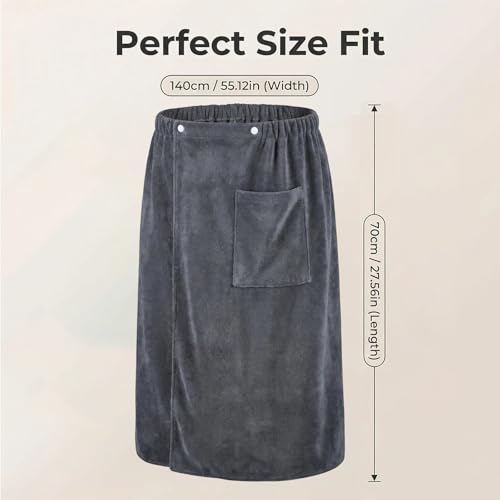 Saunakilt Herren mit Taschen 70x140 cm, Verstellbares Saunatuch mit Druckknopf & Elastischem Bund, Rutschfest & Schnelltrocknend, Saunahandtuch für Sauna, Fitnessstudio, Dusche, Spa & Strand (Grau)