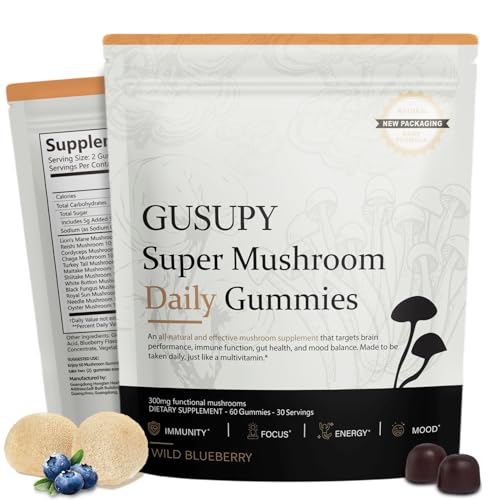 GUSUPY Lions Mane Mushroom Supplement Gummies - All-in-One Daily Mushroom Supplement Gummy, 12 Mushroom Blend Cordyceps, Chaga, Reishi, Herbal Brain Supplement for Cognitive, Memory & Focus,60 Gummies