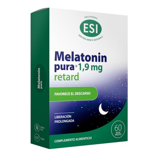 ESI Melatonina Retard 1,9 mg - Liberación Gradual - 60 Microtabletas | Formato vegano de una toma antes de dormir. La melatonina ayuda a reducir el efecto del jet lag.