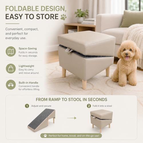 Image of 2-in-1 Foldable Ottoman Dog Ramp for Couch,Convertible Folding Dog Stairs for Couch and Bed,Non-Slip Wooden Pet Stairs for Puppy Senior Injured Dogs