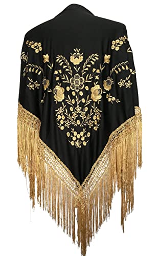 LA SEÑORITA Mantón de Manila Negro con bordados Oro, GRANDE, Mantones de Flamenca para el Vestido de Feria, Sevillana o Flamenca. [190 x 90 cm] Tamaño Ideal para Mujer