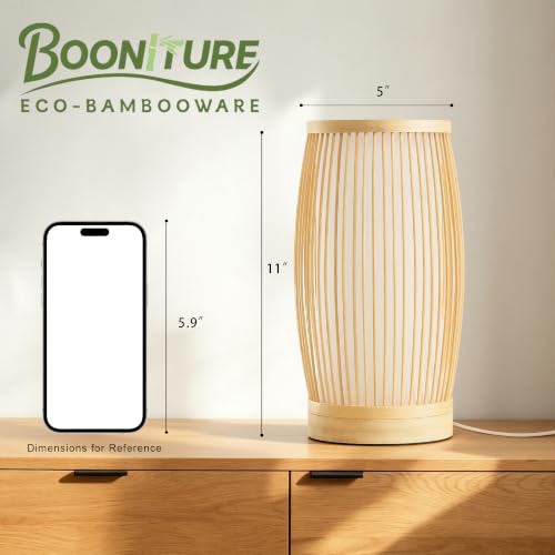 Image of Set of 2 Small Table Lamps, 11 inch Japandi Bamboo Bedside Lamps with Beige Linen Shades, Boho Nightstand Lamps for Bedroom, Living Room, Dorm Room, Natural