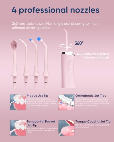 MySmile Wasser Zahnseide für Zähne Kabellose Munddusche 5 Reinigungsmodi 8 Austauschbare Jet Tips IPX 7 Wasserdicht USB Wiederaufladbare Wasser Dental Picks für Zahnreinigung mit PU Beutel Rosa – Bild 4