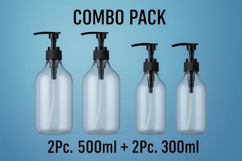 Image of Round Pump Bottle Soap Dispenser | Refillable Transparent Plastic Lotion Bottle | Empty Liquid Container for Soap, Shampoo, Lotion & Essential Oils (300+500ML Combo, Pack of 4)