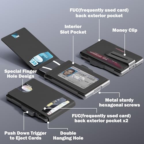 umoven Wallet for Men - Slim Leather RFID Blocking Bifold Minimalist Wallet with Metal Pop-Up Card Holder, Money Clip, Credit Card Slots - Men's Wallet, Dark Black2