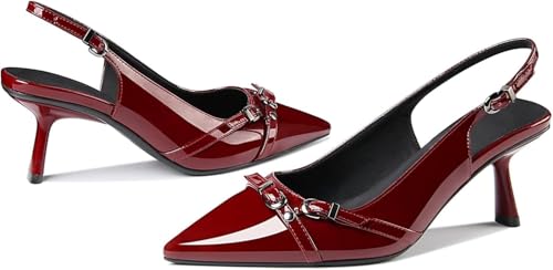 Image of Kitten Heels for Women Closed Pointed Toe Heels Patent Leather Low Heel Slingback Dress Shoes Feature Adjustable Buckle for Date Party Work Office Comfortable Sexy Pumps Shoes