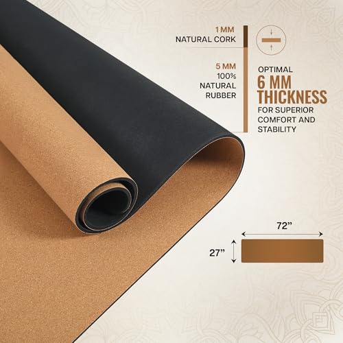 Image of Wiselife Arch Cork Natural Rubber Yoga Mat with Yoga Mat Bag 6MM | Extra Large Extra Wide | Anti skid Anti slip for Yoga & Workout (Cork 7 chakra)