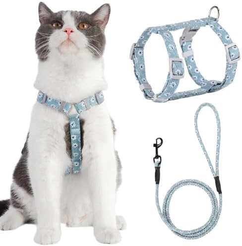 PETTOM Arnés para Gato con Correa, Juego de arnés Ajustable para Gato Gatito Mascota pequeña Caminar al Aire Libre con Hebilla rápida, diseño Floral (S: Pecho 18-30 cm, Azul)