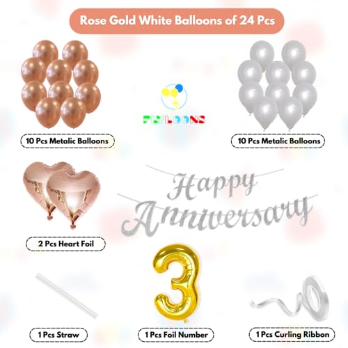 Image of Flyloons 3rd Happy Anniversary Decoration Items Rose Gold White for Men Women Husband Wife Mom Dad Parent Couple Home Bedroom Car With 20 Pcs Metallic Balloons Anniversary Banner 2 Pcs Heart Set Kit